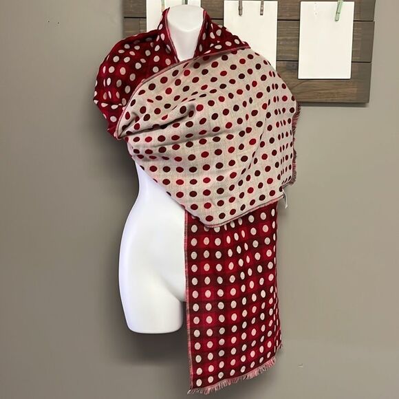 Talbots Women’s Red Cream Polka Dot Wool Blend Fashion Scarf Fringe 75”, 17.5” - Picture 3 of 16